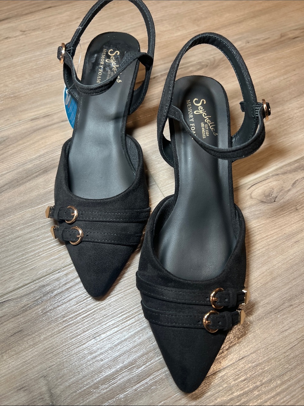 Seychelles Black Pointed Slingback Flats with Gold Buckle Accents